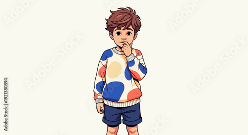 Young Boy with Curious Expression Wearing Abstract Polka Dot Sweater and Shorts