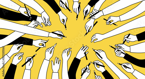 Diverse Hands Holding Pencils Together in a Collaborative Creative Drawing Concept