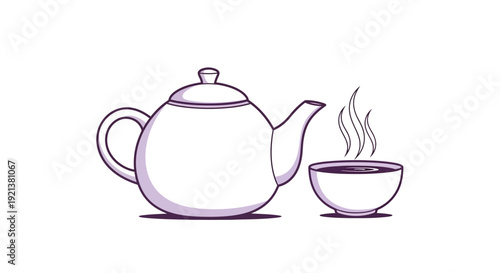 Cozy Tea Time: Steaming Hot Beverage in Bowl and Teapot - Vector Art