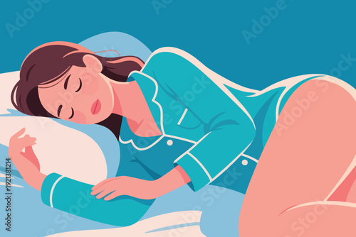 Person in teal pajamas sleeping peacefully on bed with pillow and light blue sheets, cozy cartoon illustration with calm atmosphere and restful nighttime mood.