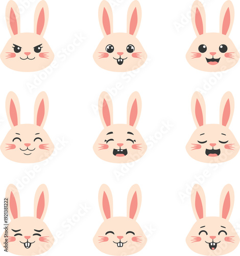 A charming collection of nine cute cartoon bunny face icons illustrating various playful and expressive emotions perfect for spring holiday designs or children's content creation.