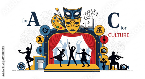 Vibrant theater stage with dancing silhouettes comedy tragedy masks and musical elements for arts and culture