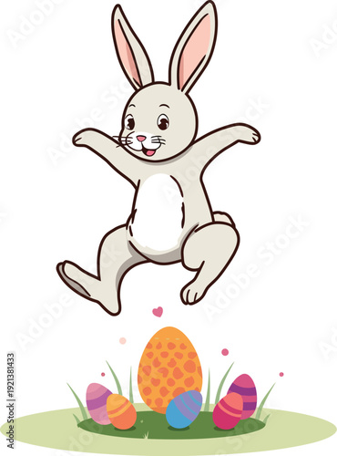 Adorable cartoon Easter bunny joyfully jumping high above several colorful decorated eggs resting in green spring grass during the festive holiday season
