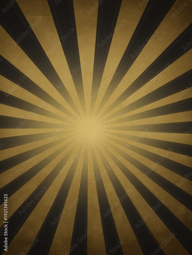 Obraz premium Radial lines in black and gold converge toward a bright center, creating a vintage sunburst effect, This design can enhance posters, advertisements, and invitations by adding a retro flair,