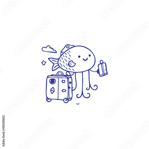 Happy Fish Traveler with Luggage and Passport