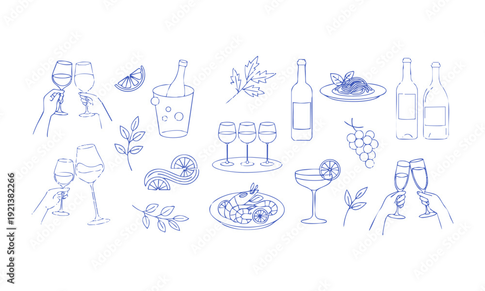 Fototapeta premium Elegant wine celebration line art with hands glasses and restaurant elements isolated vector, easily editable.