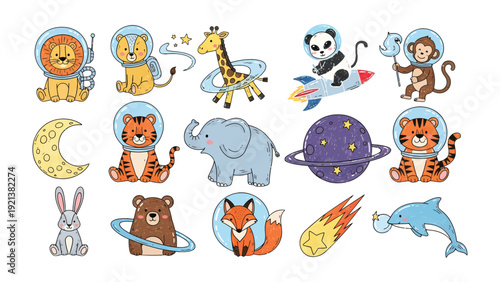 Cosmic Animal Adventure: Whimsical illustrations of various animals, each donned in space helmets and floating amidst celestial elements, inviting viewers into an imaginary journey.