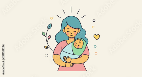 Loving mother holding newborn baby with care and love surrounded by heartwarming symbols of joy and nurturing