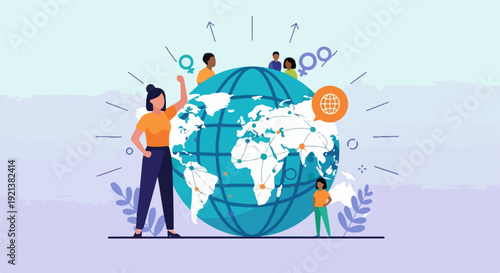 Diverse group of people collaborating around a large globe with various icons and symbols surrounding it representing global unity and teamwork in a modern flat design
