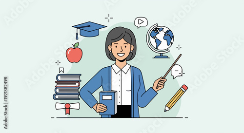 Young female teacher with books and educational symbols including globe pencil and apple surrounded by graduation cap and thought bubbles vector illustration style