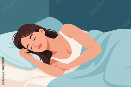 Person with long dark hair sleeping peacefully on bed in white sleeveless top, cozy cartoon illustration with pillow, light blue sheets, and dark blue wall background.
