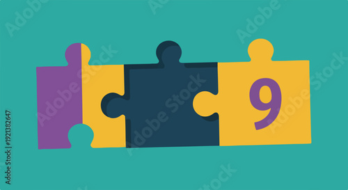 Colorful puzzle pieces with number nine on yellow background symbolizing unity and problem solving