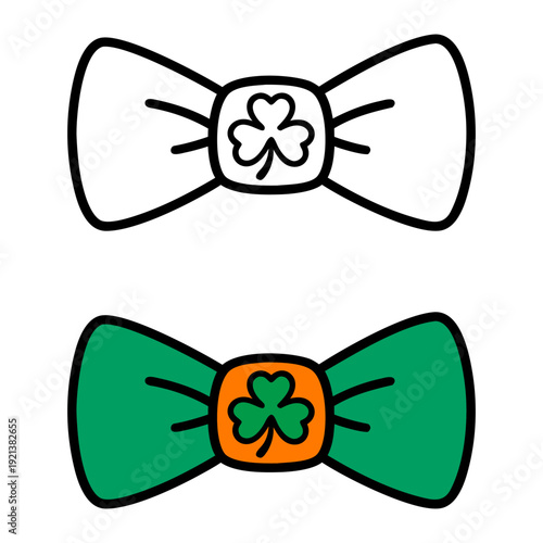 St Patrick's Day Bow Tie with Shamrock Clover, Green Irish Holiday Accessory Vector Illustration Set