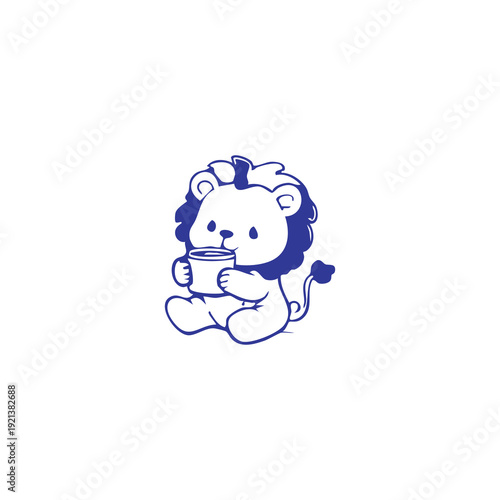 Cute Lion Drinking from a Mug Illustration