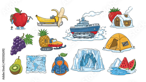 Whimsical Winter Wonders: A playful collection of vibrant illustrations showcasing various winter elements, from fruits, and boats to cozy cabins and adventurous camping scenes.