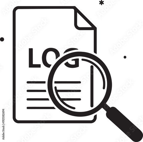 Log file inspection icon with magnifying glass, Audit trail and data analysis vector icon, System log file search and document review icon isolated on transparent background.