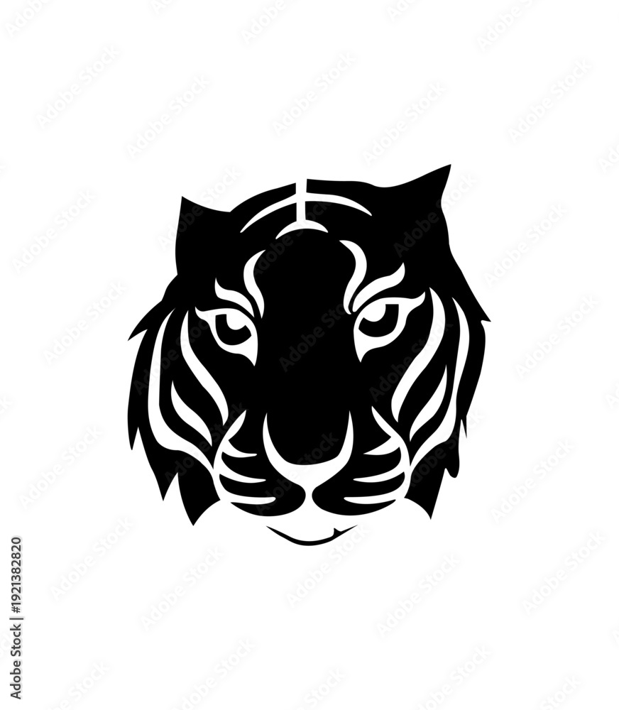 Fototapeta premium This image is a stylized black and white vector silhouette of a tiger head, often used as a graphic logo or tribal tattoo design. 