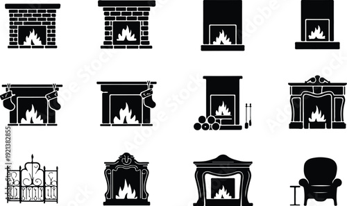 Fireplace Chimney Silhouette Icon Vector Home Fireplace Icon Black Silhouette Set