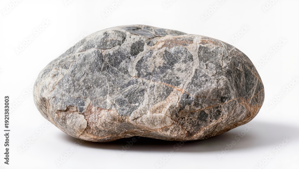 Fototapeta premium Large natural marble rock with mixed gray, white, and brown veining, isolated on a white background, highlighting detailed mineral patterns and organic stone texture.