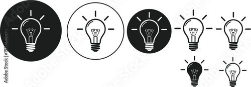  Minimalist Light Bulb Idea Generation Icons Vector Set with Glowing Bulbs Circle Frames and Connected Chain for Innovation Creativity Brainstorm and Startup Designs