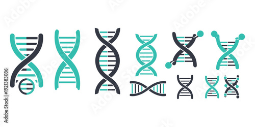 Assorted DNA Double Helix Icons In Teal And Black On White Background Keywords: DNA, helix, genetic, science, biology