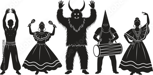 Vibrant cultural performers dancing and playing music together