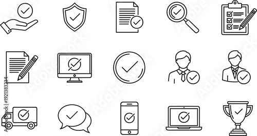 Minimalist Line Art Business Management Icons Vector Set with Compliance Security Checklist Delivery Support Laptop Trophy and Time Management for Corporate Dashboard and Service Designs