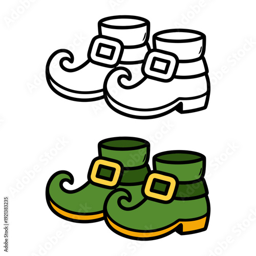 St Patrick's Day Leprechaun Shoes Vector Set, Green Irish Buckle Boots Cartoon Outline and Color Illustration