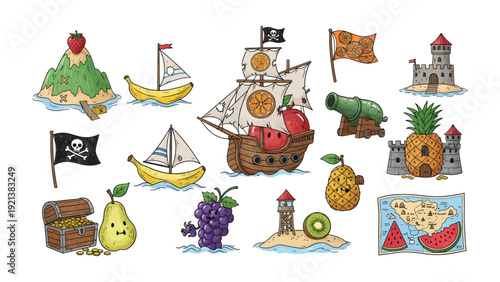 Fruit Pirate Adventure: An enchanting illustration presents a whimsical pirate adventure, showcasing a fleet of fruit-themed ships sailing the seas.