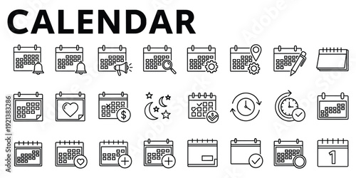 Calendar Icons Set with Dates Bells and Time Symbols Keywords: calendar, date, schedule, appointment, event, planning, time