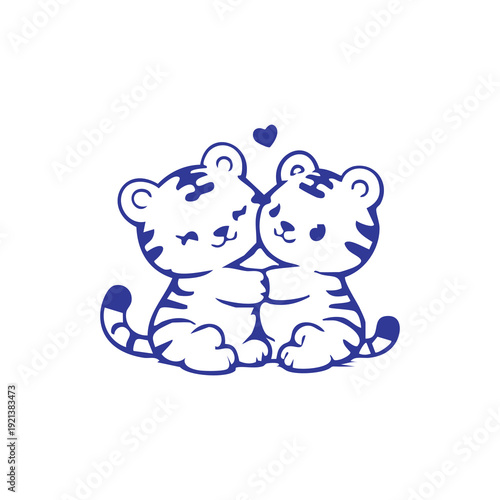 Canvas Print Cute Cartoon Tiger Cubs Sitting Together with Heart
