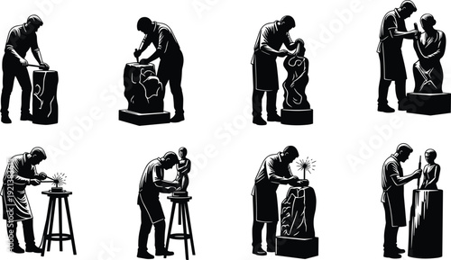 Black and white silhouettes of sculptors working on statues sculpture artist