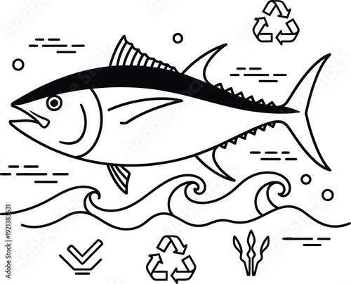Tuna fish line art icon with recycling symbols and ocean waves. world tuna day