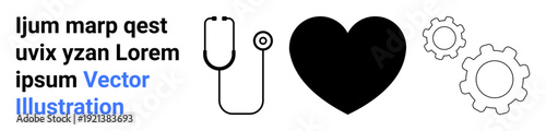 Healthcare, medical innovation, teamwork, collaboration, industry, technology. A stethoscope, heart symbol and gears with placeholder text. Healthcare and medical innovation in a technological