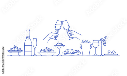 Wine party dining with glasses bottles and pasta dishes isolated vector illustration, easily editable.