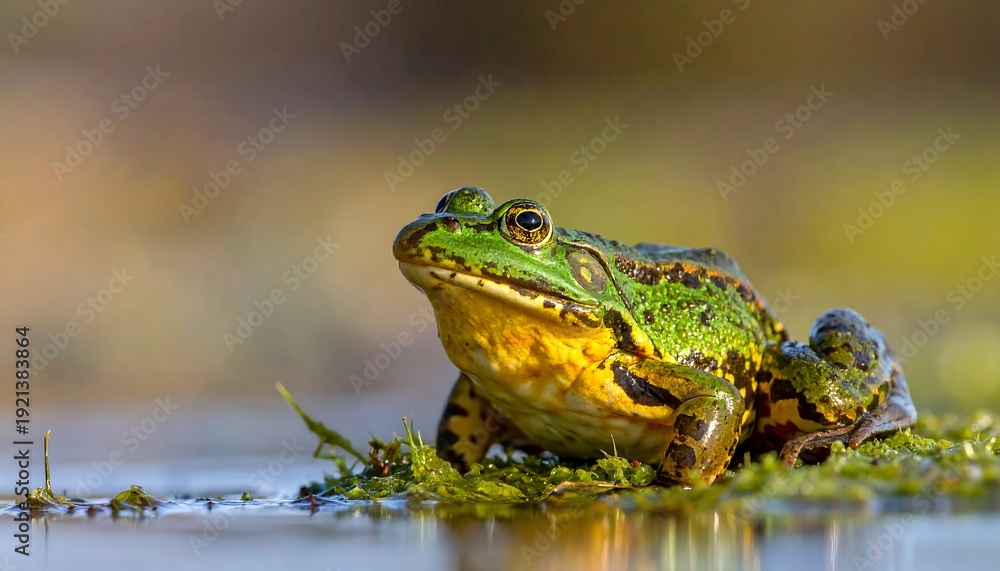 Obraz premium A green frog rests on mossy ground, reflected in shallow water, with a soft blurred background