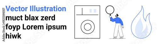 Washing machine, person using magnifying glass, water droplet element. Ideal for cleaning, maintenance, sustainability, eco-friendly concepts, utilities, repair simple landing page