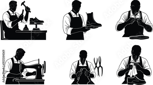 Black silhouettes of shoemaker working on shoes white background