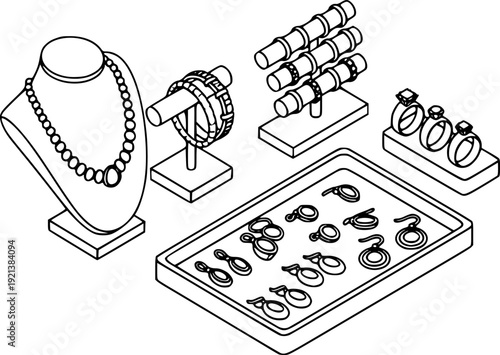 Artisan jewelry stall items in isometric flat style: necklace, bracelet, ring stand, display tray. Vector icons