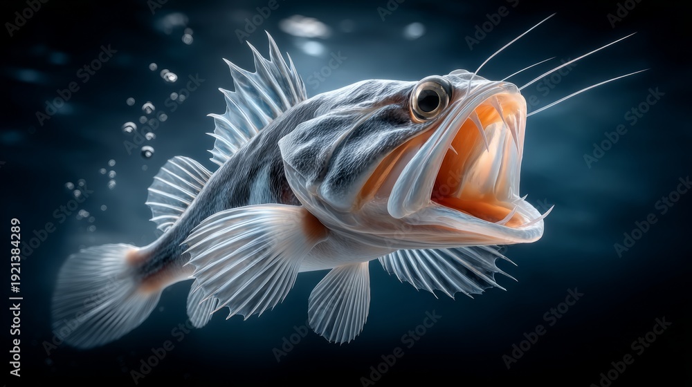 Fototapeta premium Fish swimming in water with mouth open, displaying its teeth and gills