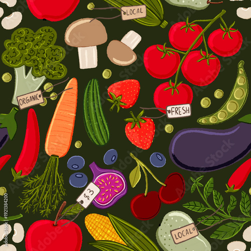 Seamless food pattern with fruits, vegetables and organic labels with price tags. Ideal for farmers market branding, packaging, fabric and kitchen decor.