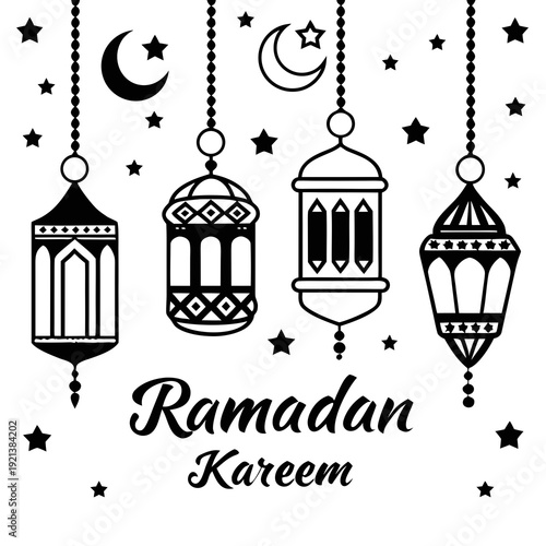 Ramadan kareem greeting with hanging lanterns and crescent moon Vector