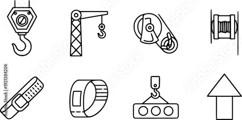 Load Handling Icons. Load Handling lifting set in outline vector style: hoist hook, crane arm, pulley wheel, lifting strap, load block, upward arrow
