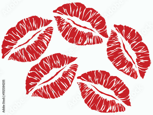 A group of red lipstick kisses on a white background Vector