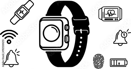 Smart wearables overview in outline style: smartwatch device, fitness band, health dashboard, wireless signal, notification alert, biometric sensor, battery.