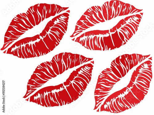 Four red lipstick kiss marks on a white background Vector