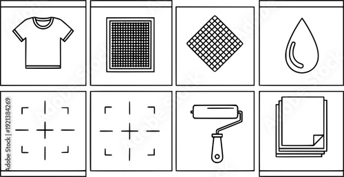 Screen Printing in outline style: T-shirt, Screen, Ink Drop, Roller, Alignment Marks, Paper Stack. Vector icons
