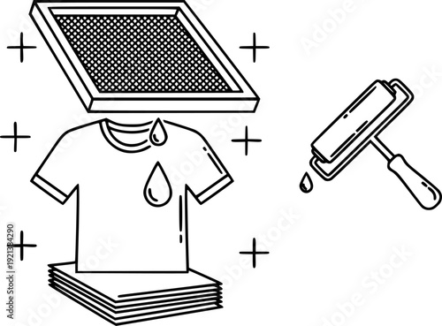 Screen Printing in outline style: T-shirt, Screen, Ink Drop, Roller, Alignment Marks, Paper Stack. Vector icons
