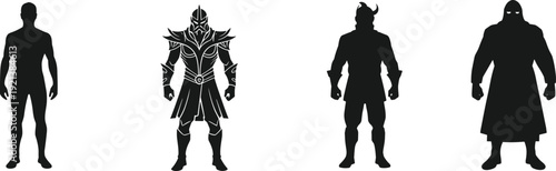 Four black silhouettes of male characters in different costumes armor devil