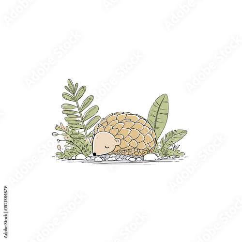 Curled Pangolin in Minimal Jungle Scene